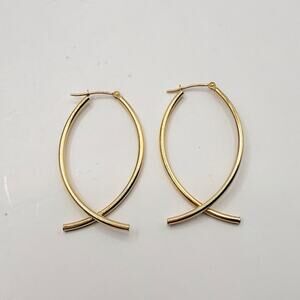 14K Yellow GOLD Oval Hoop Earrings 2.5” LARGE Religious Fish